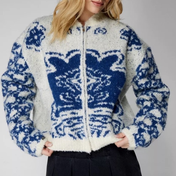 Nasty Gal Jacquard Knit Bomber Sweater Jacket - Picture 1 of 6